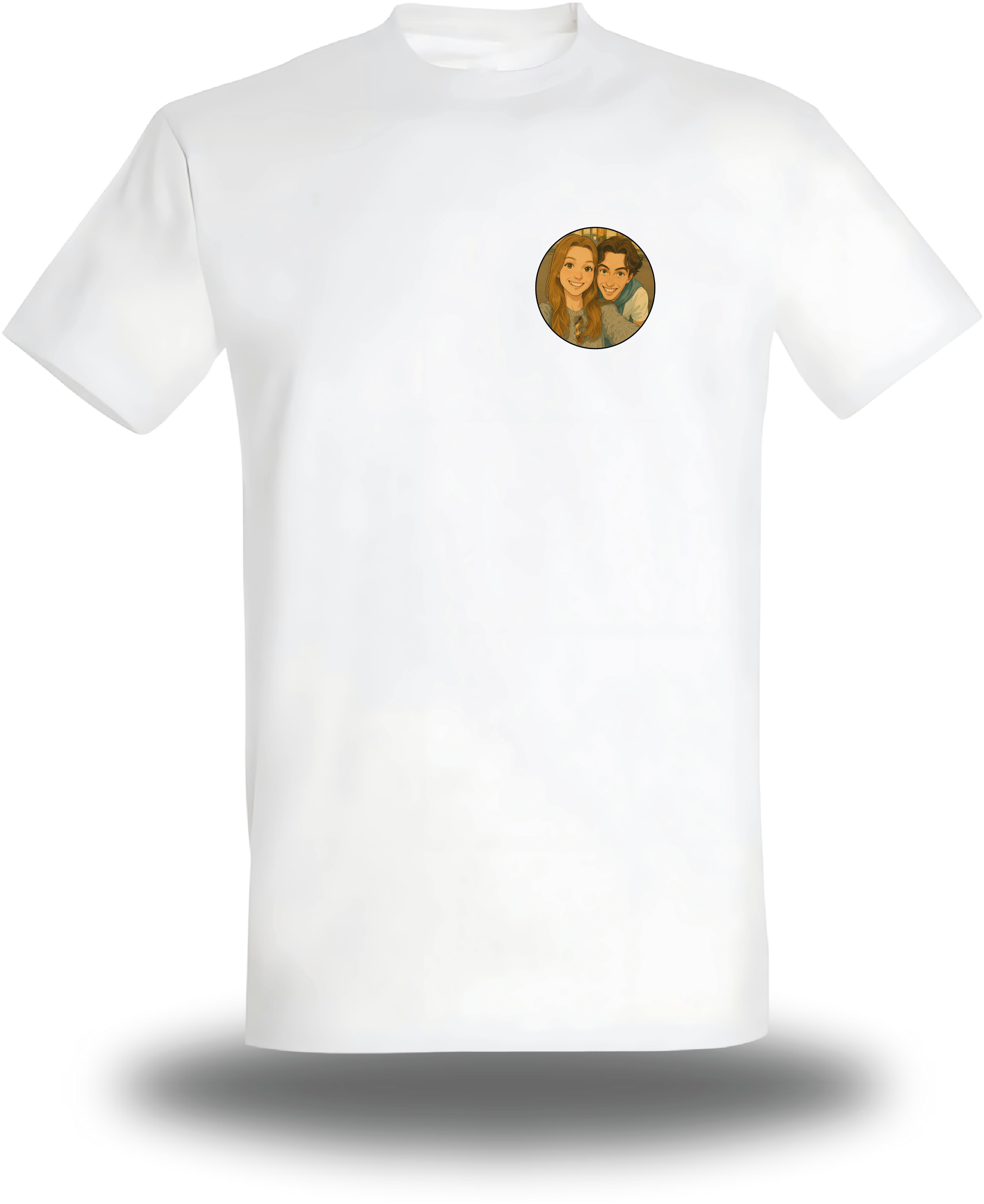 Camiseta blanca con foto estilo Ghibli, diseño de amor y pareja
